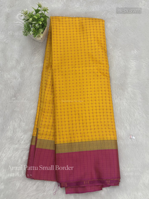 Arani Pattu Small Border Checks Plain Border Yellow Pink