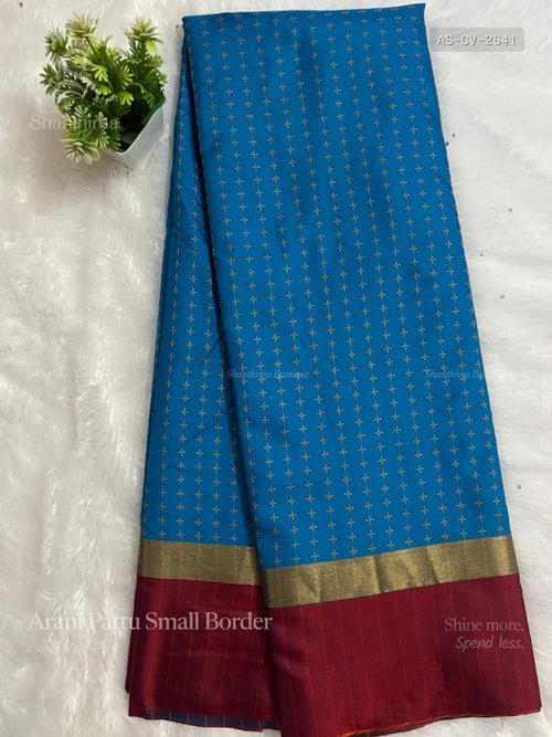 Arani Pattu Small Border Checks Plain Border Rama Blue Maroon
