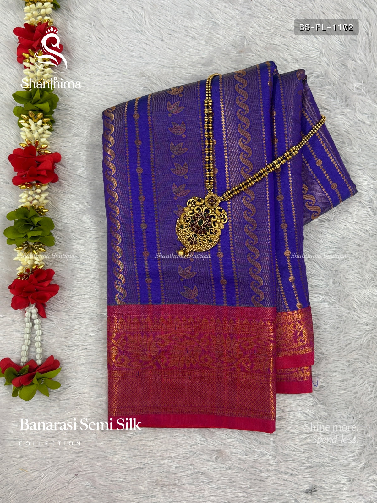 Banarasi Semi Silk Flowers Mango Flower Leaf Blue Pink