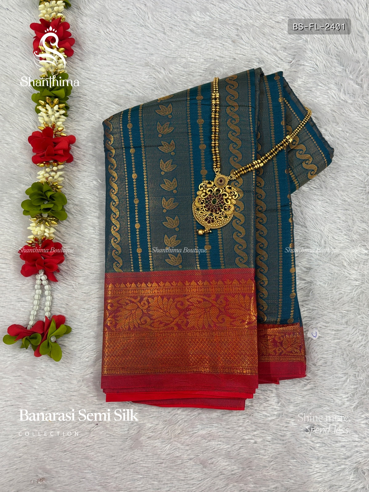 Banarasi Semi Silk Flowers Mango Flower Leaf Peacock Blue Red