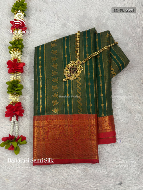 Banarasi Semi Silk Flowers Mango Flower Leaf Dark Green Red