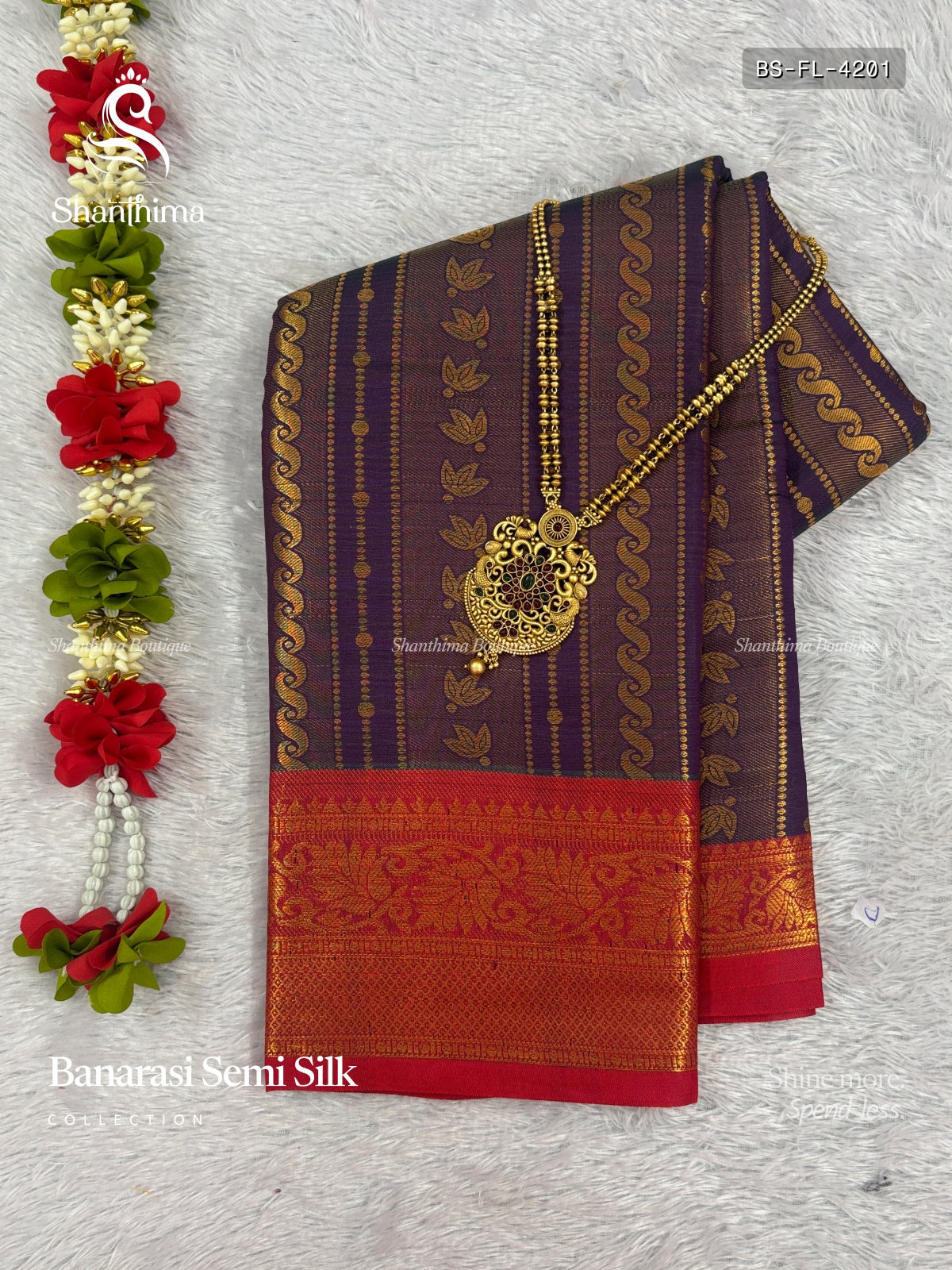 Banarasi Semi Silk Flowers Mango Flower Leaf Dark Violet Red