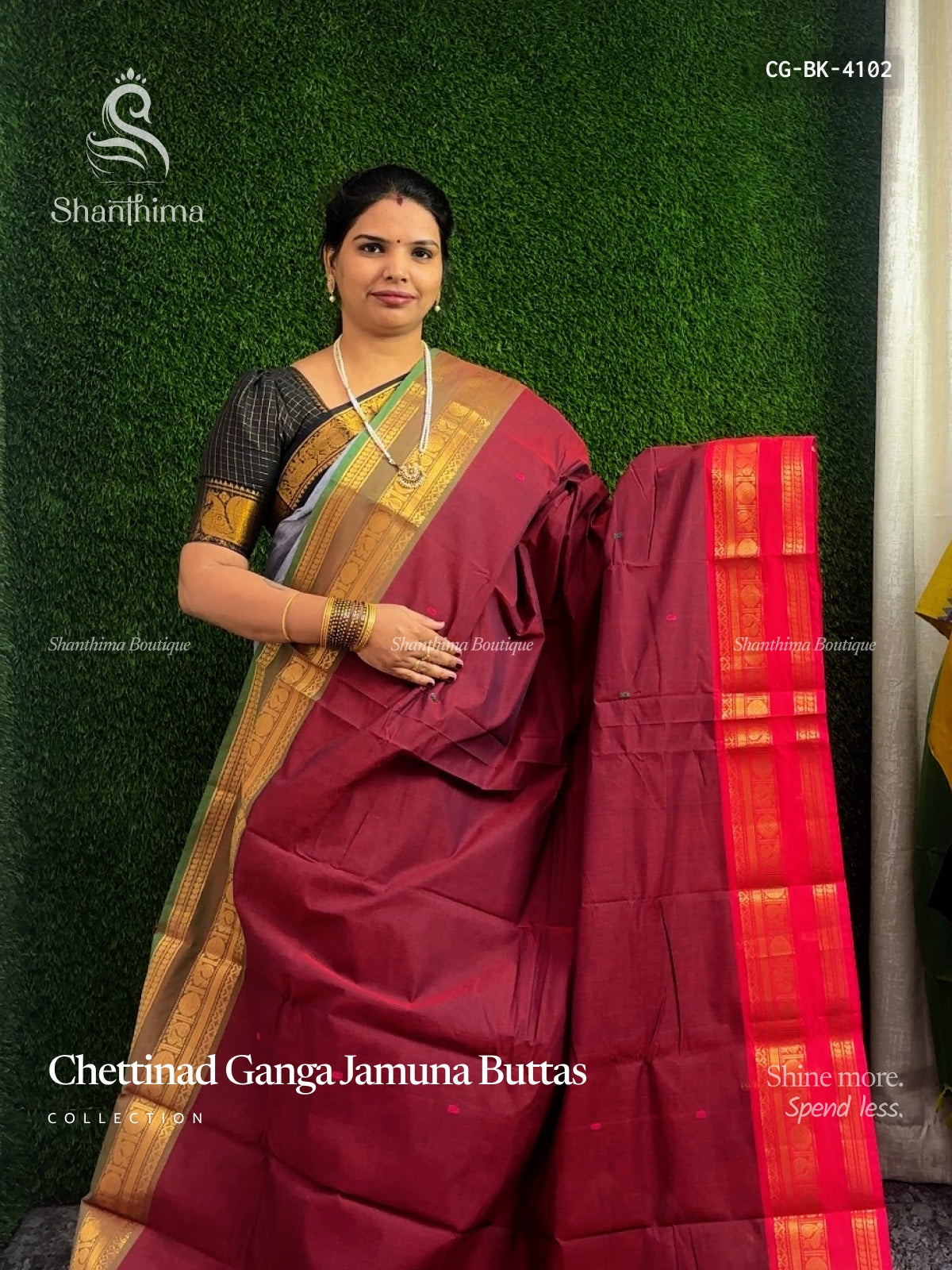Chettinad Cotton Ganga Jamuna Buttas Peacock Chakra Maroon Pink