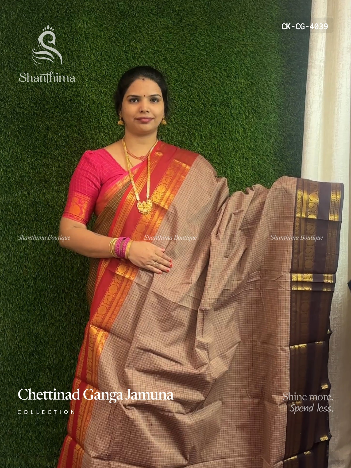 Chettinad Cotton Ganga Jamuna Checks Peacock Chakra Light Brown Dark Brown
