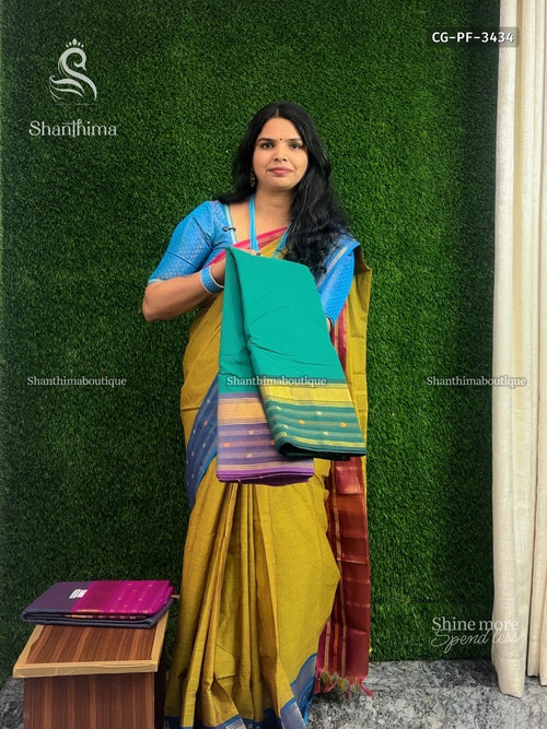Chettinad Cotton Ganga Jamuna Plain Flower Leaf Green Leaf Green