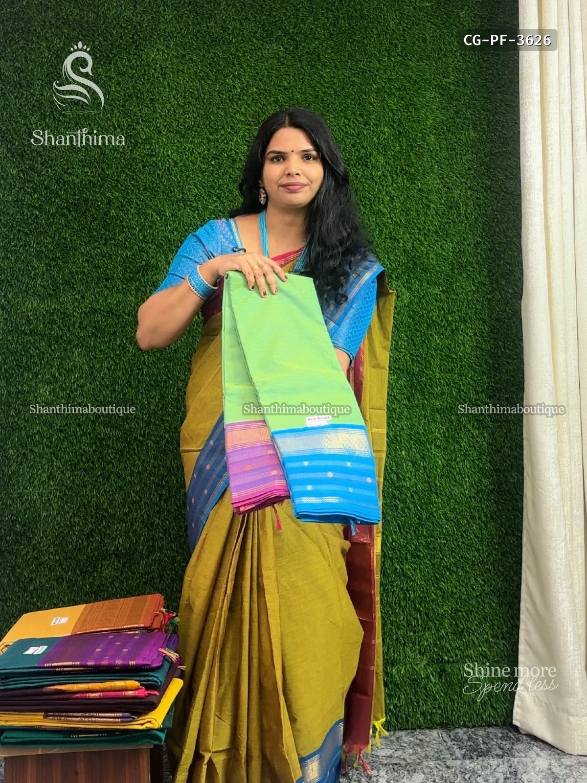 Chettinad Cotton Ganga Jamuna Plain Flower Dual Shade Green Rama Blue
