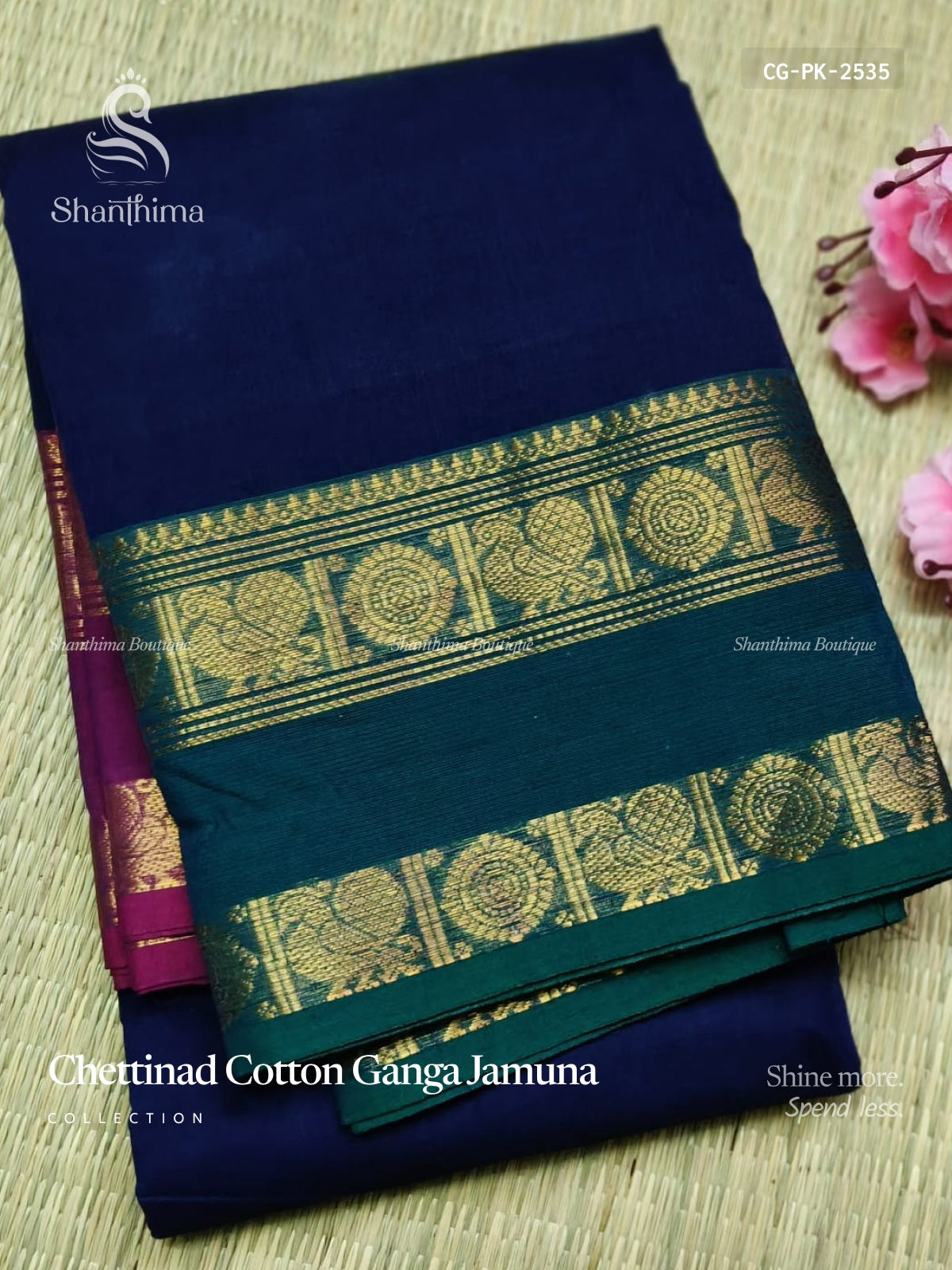 Chettinad Cotton Ganga Jamuna Plain Peacock Chakra Navy Blue Peacock Green