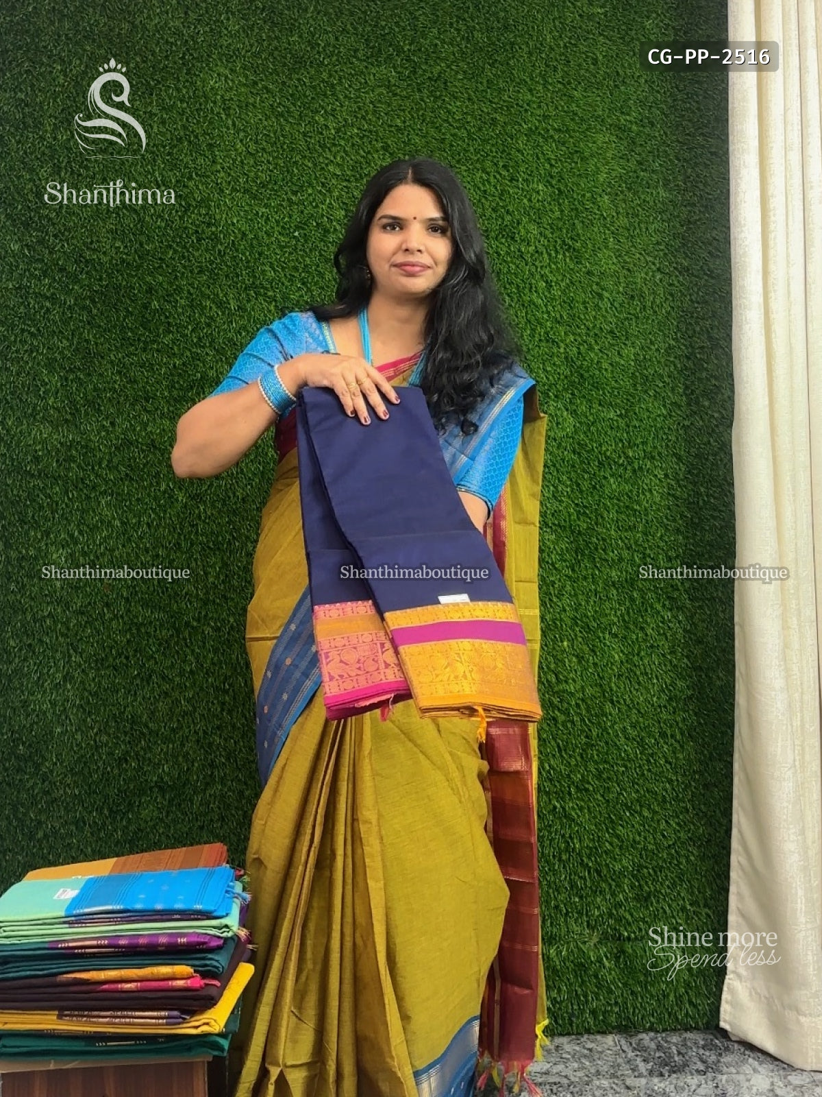 Chettinad Cotton Ganga Jamuna Plain Peacock Navy Blue Mustard
