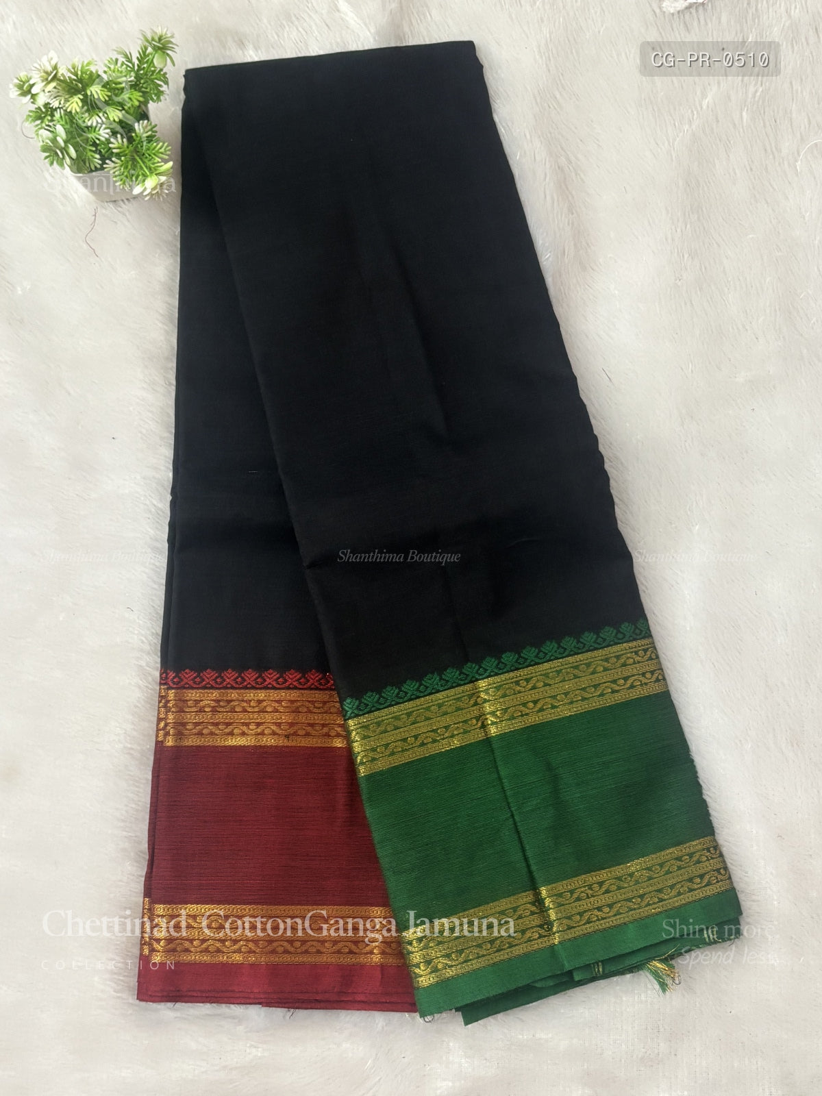 Chettinad Cotton Ganga Jamuna Plain Chakra Star Black Green