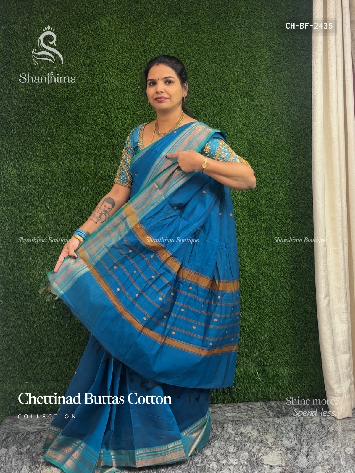 Chettinad Cotton Buttas Flower Peacock Blue Peacock Green