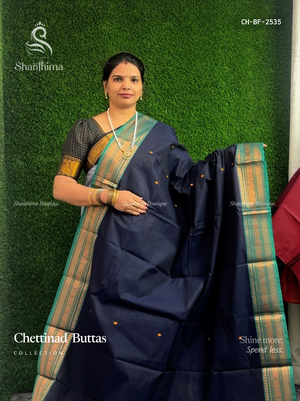 Chettinad Cotton Buttas Flower Navy Blue Peacock Green