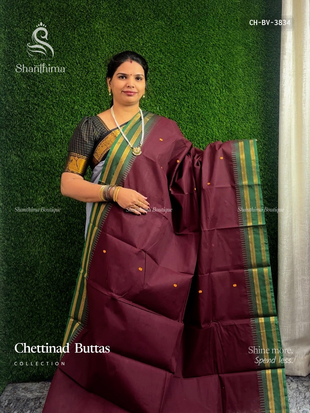 Chettinad Cotton Buttas Plain Border Coffee Brown Leaf Green