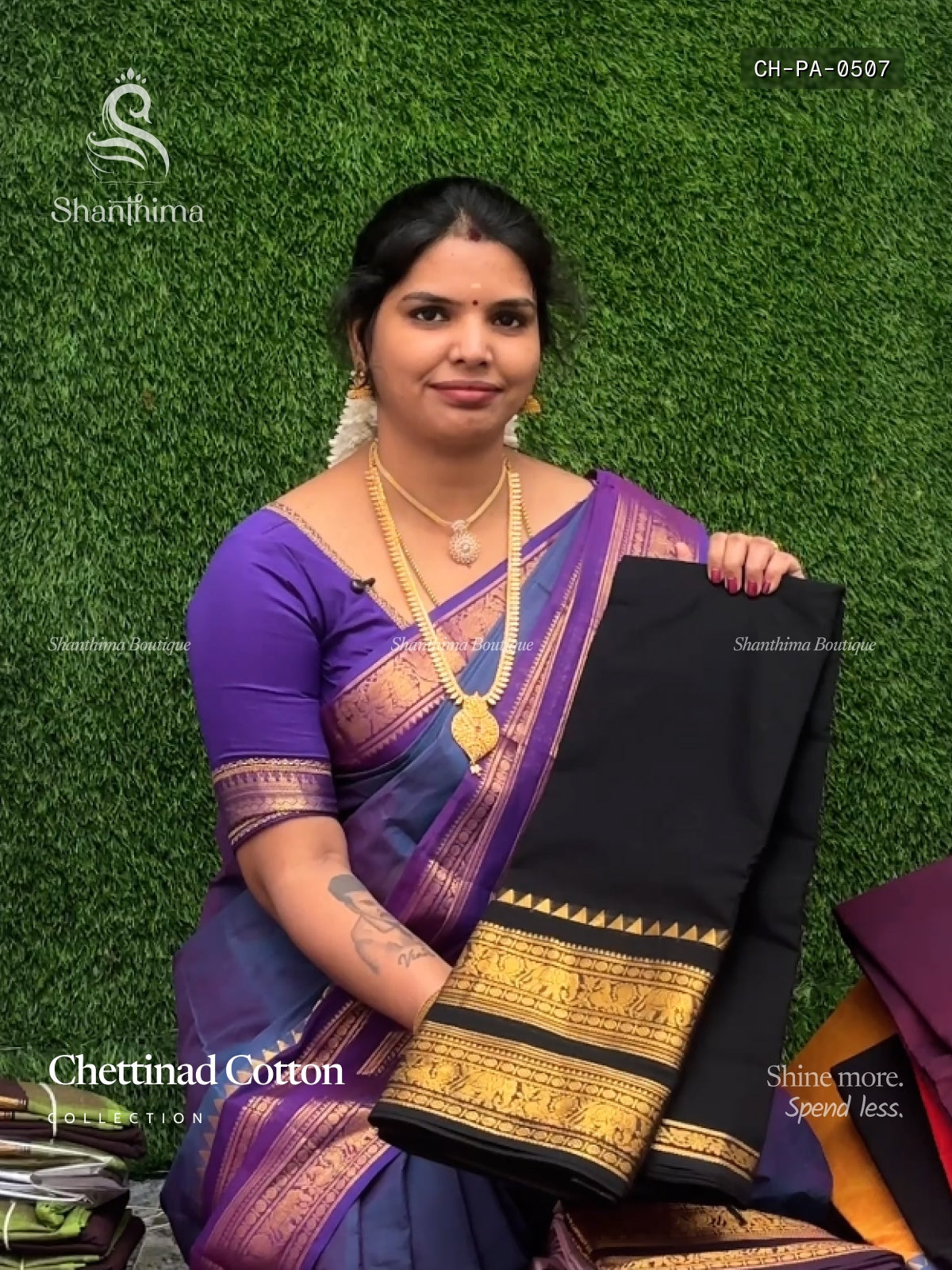 Chettinad Cotton Plain Peacock Elephant Black Gold