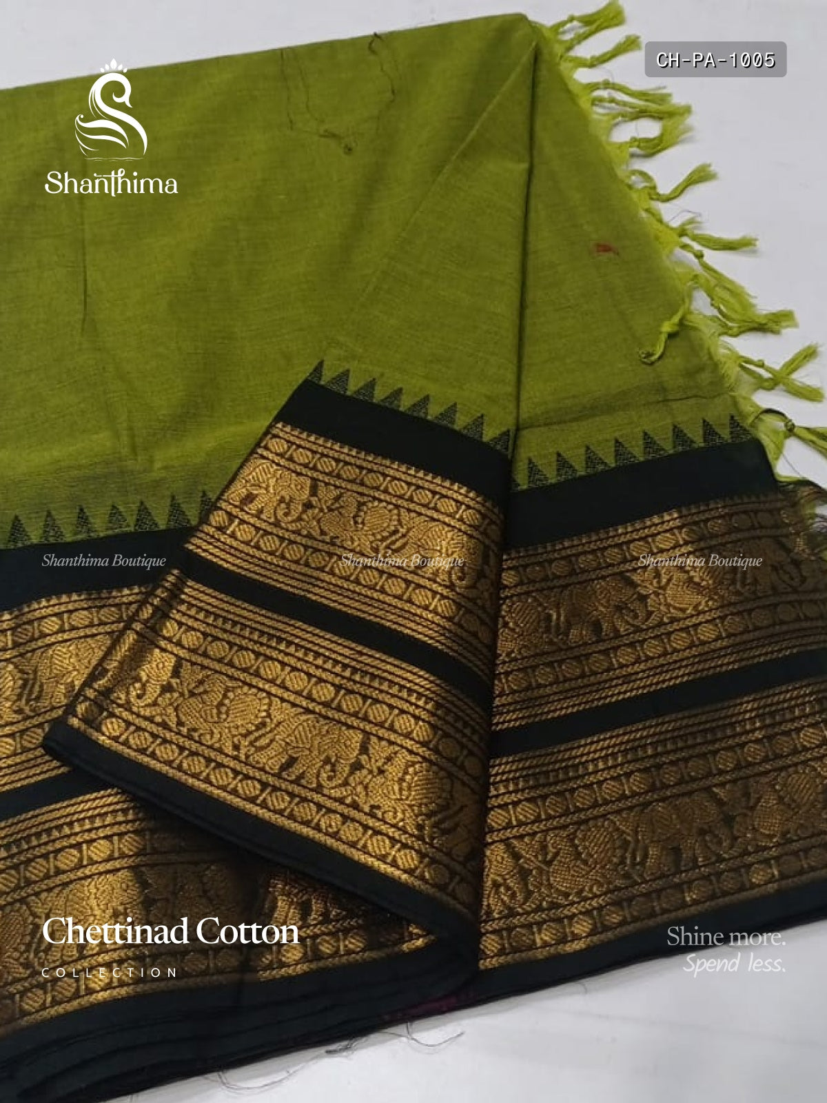 Chettinad Cotton Plain Peacock Elephant Green Black