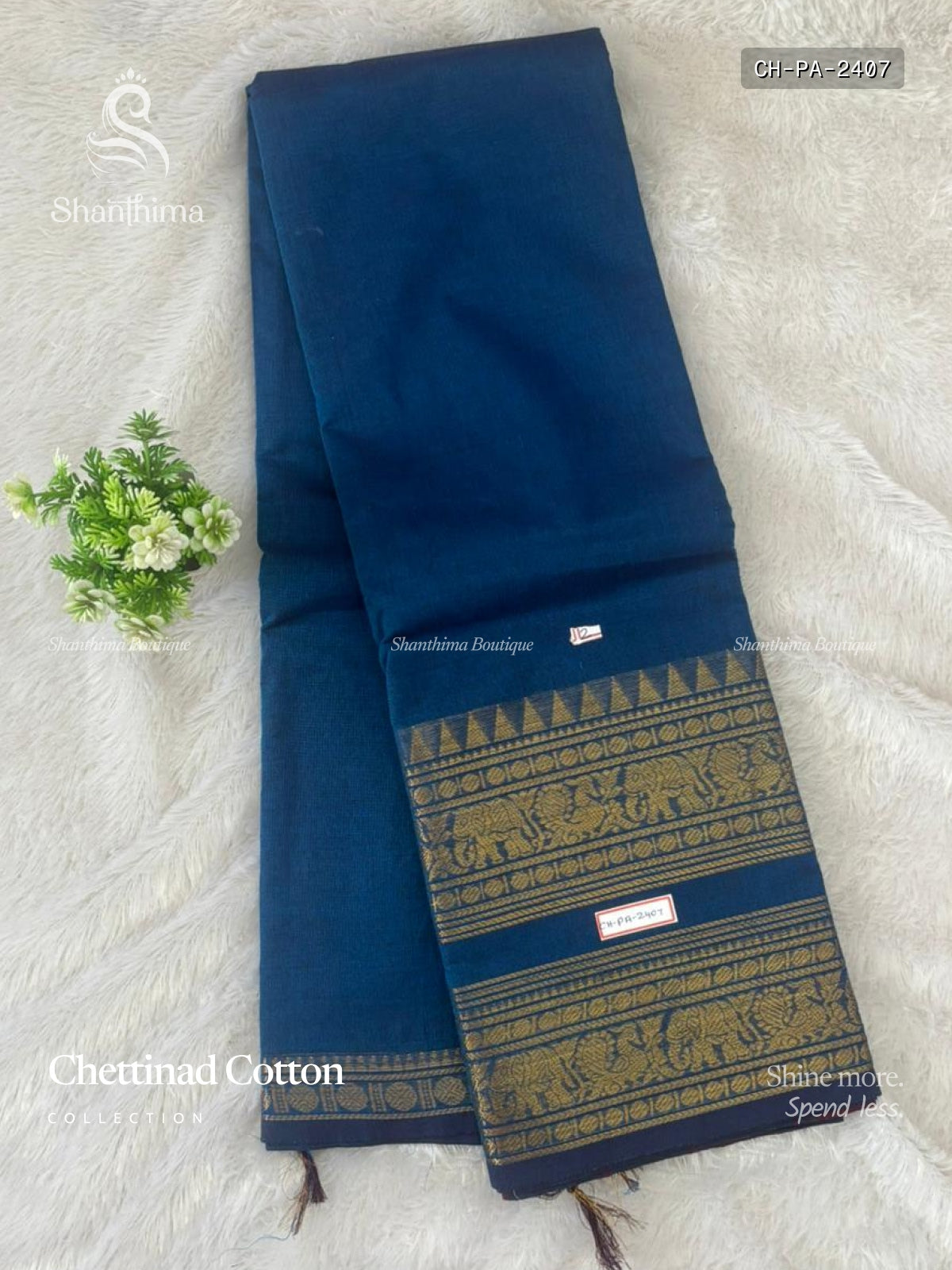 Chettinad Cotton Plain Peacock Elephant Peacock Blue Gold