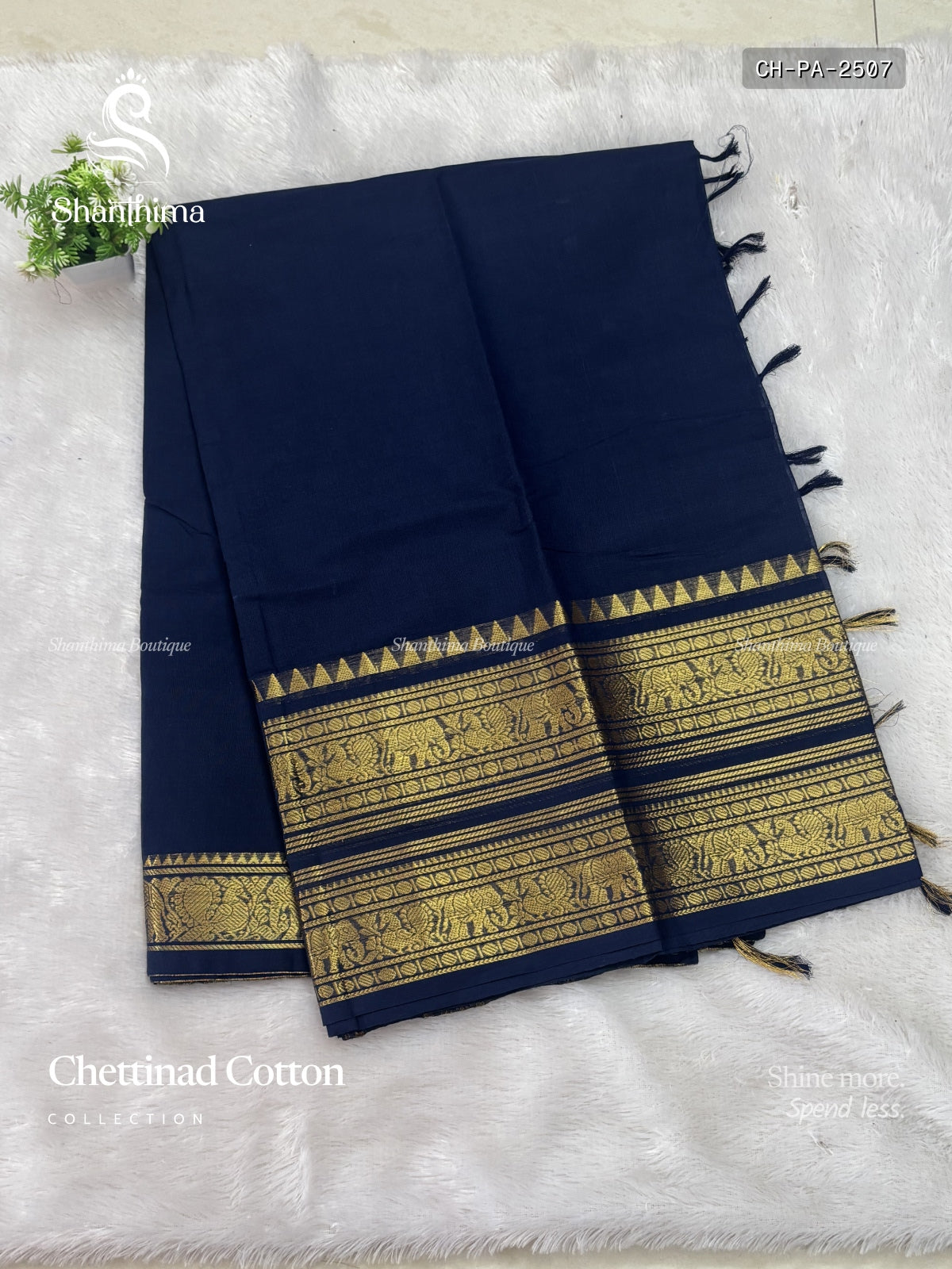 Chettinad Cotton Plain Peacock Elephant Navy Blue Gold