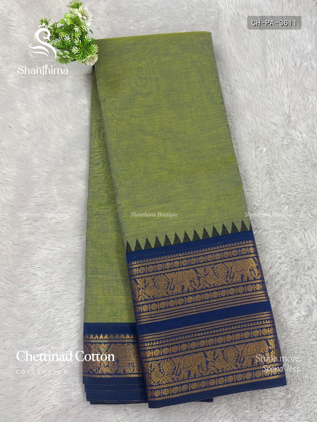 Chettinad Cotton Plain Peacock Elephant Dual Shade Green Blue