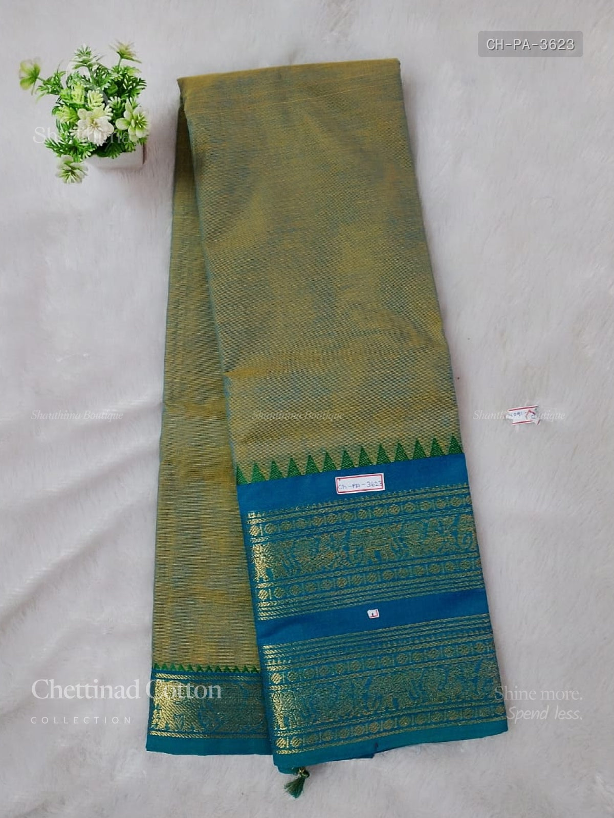 Chettinad Cotton Plain Peacock Elephant Dual Shade Green Sky Blue
