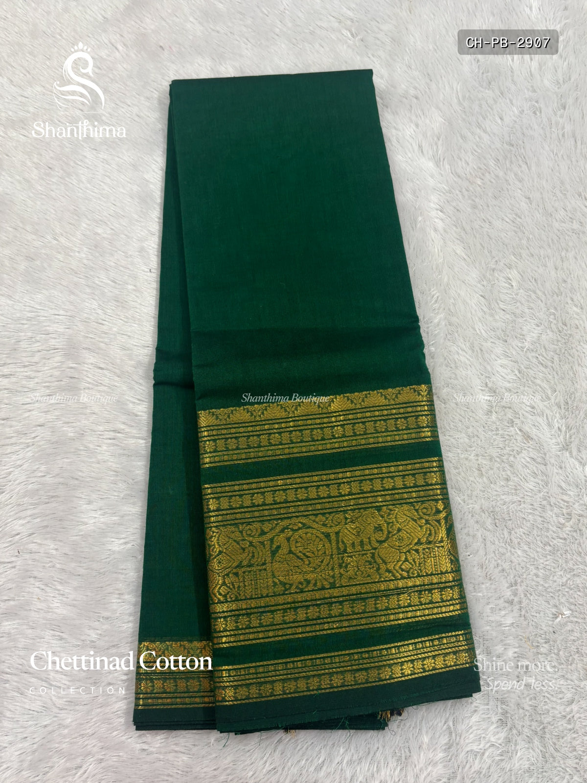 Chettinad Cotton Plain Peacock Big Border Dark Green Gold