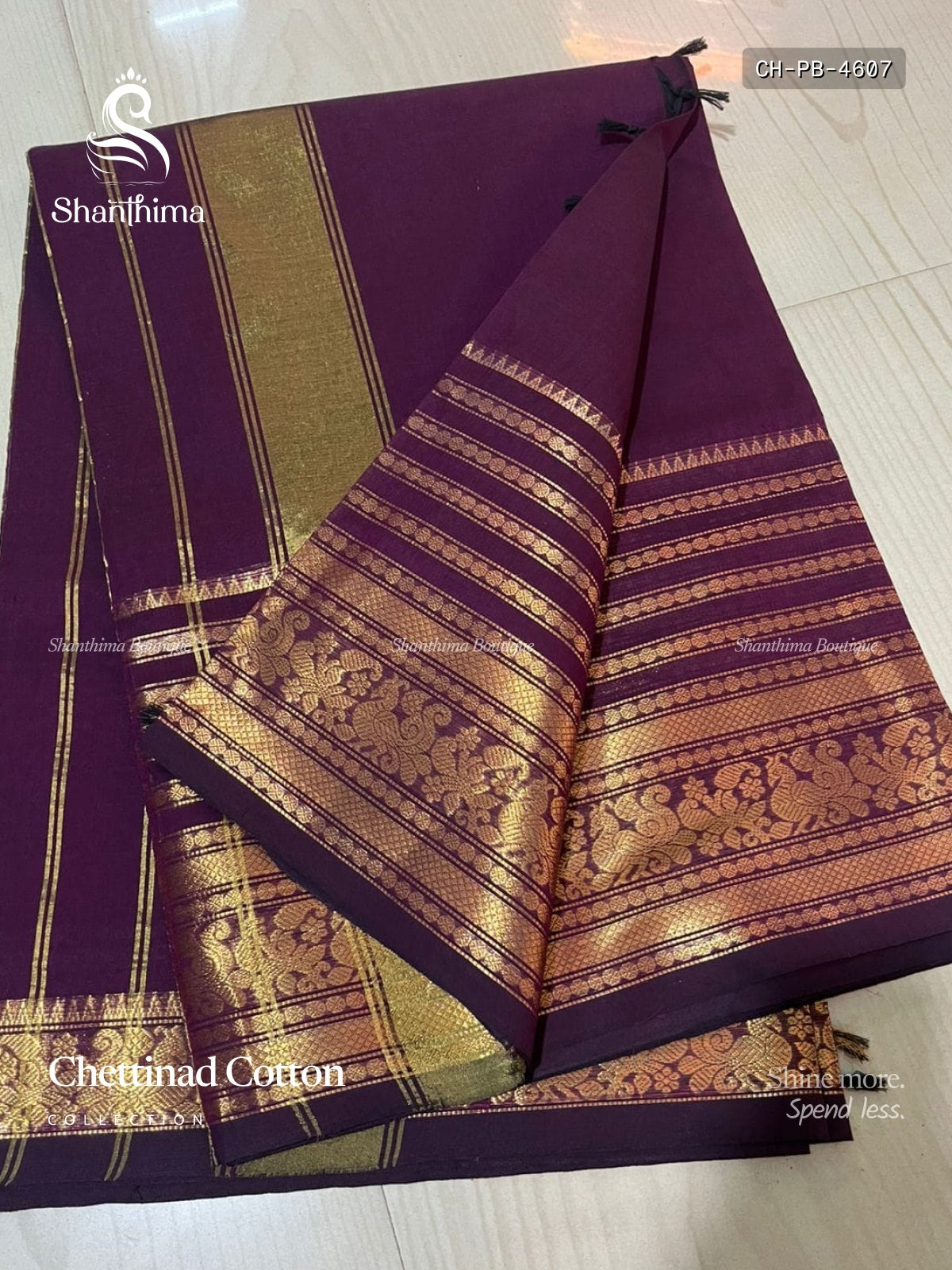 Chettinad Cotton Plain Peacock Big Border Wine Gold