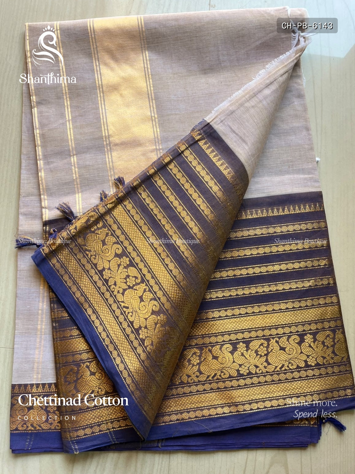 Chettinad Cotton Plain Peacock Big Border Cream Light Violet
