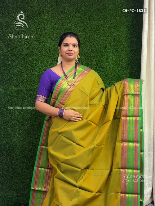 Chettinad Cotton Plain Chakra Dual Shade Mustard Light Green