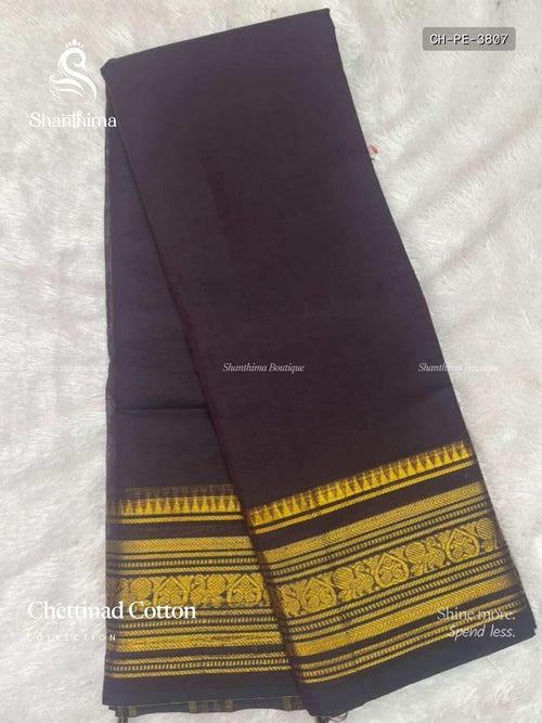 Chettinad Cotton Plain Elephant / Heart  Coffee Brown Gold