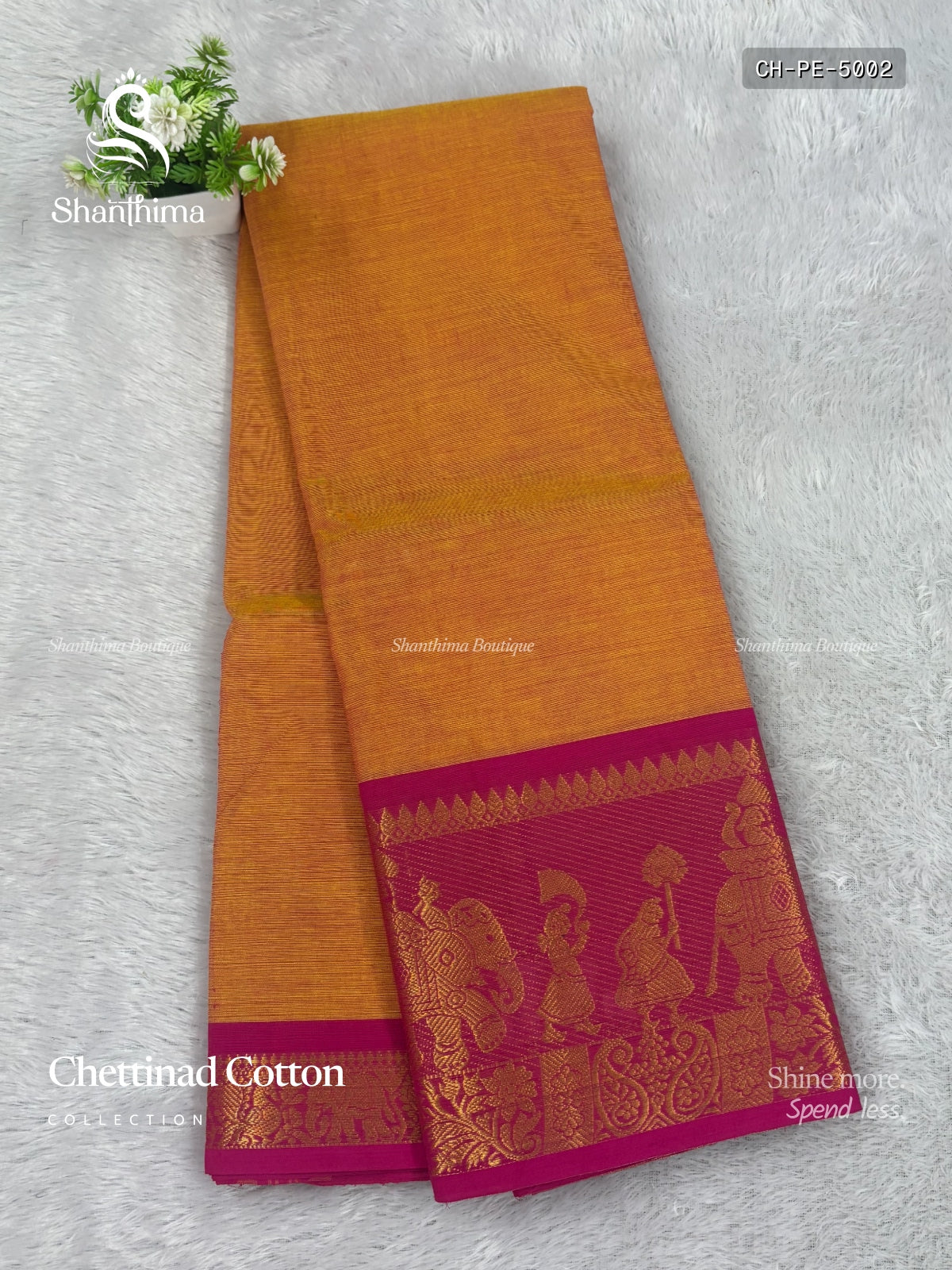 Chettinad Cotton Plain Elephant / Heart  Dual Orange Pink