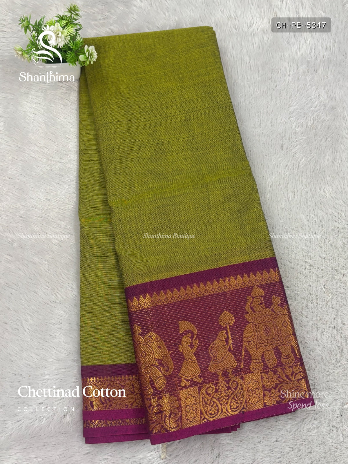 Chettinad Cotton Plain Elephant / Heart  Olive Green Magenta