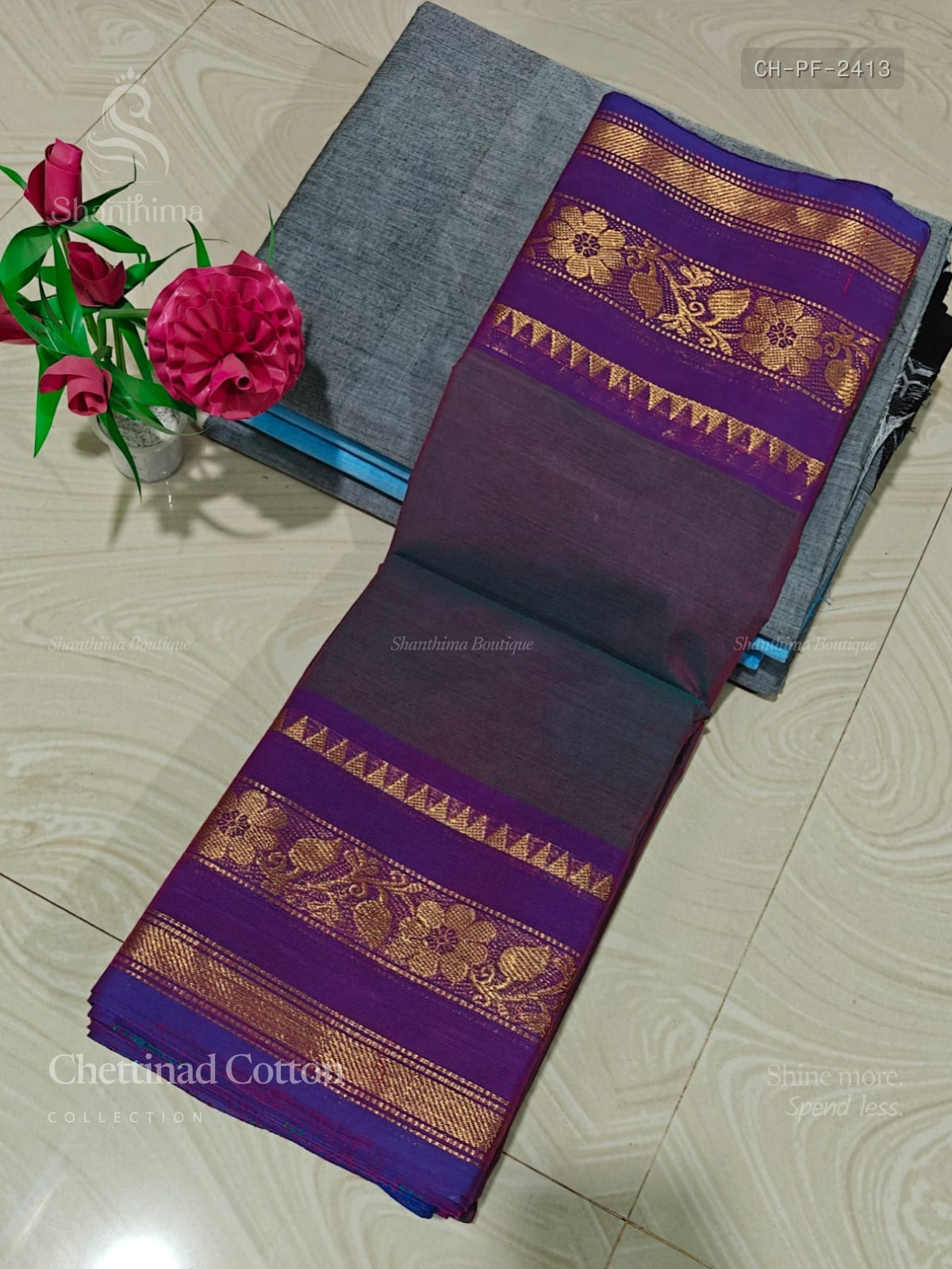 Chettinad Cotton Plain Flower Peacock Blue Violet