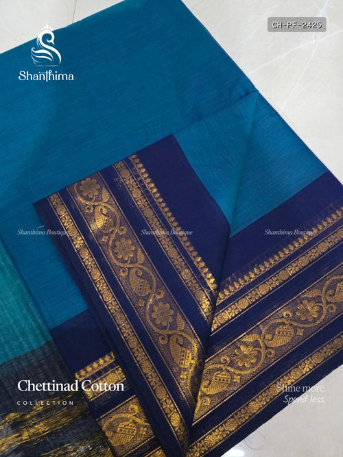 Chettinad Cotton Plain Flower  Peacock Blue Navy Blue
