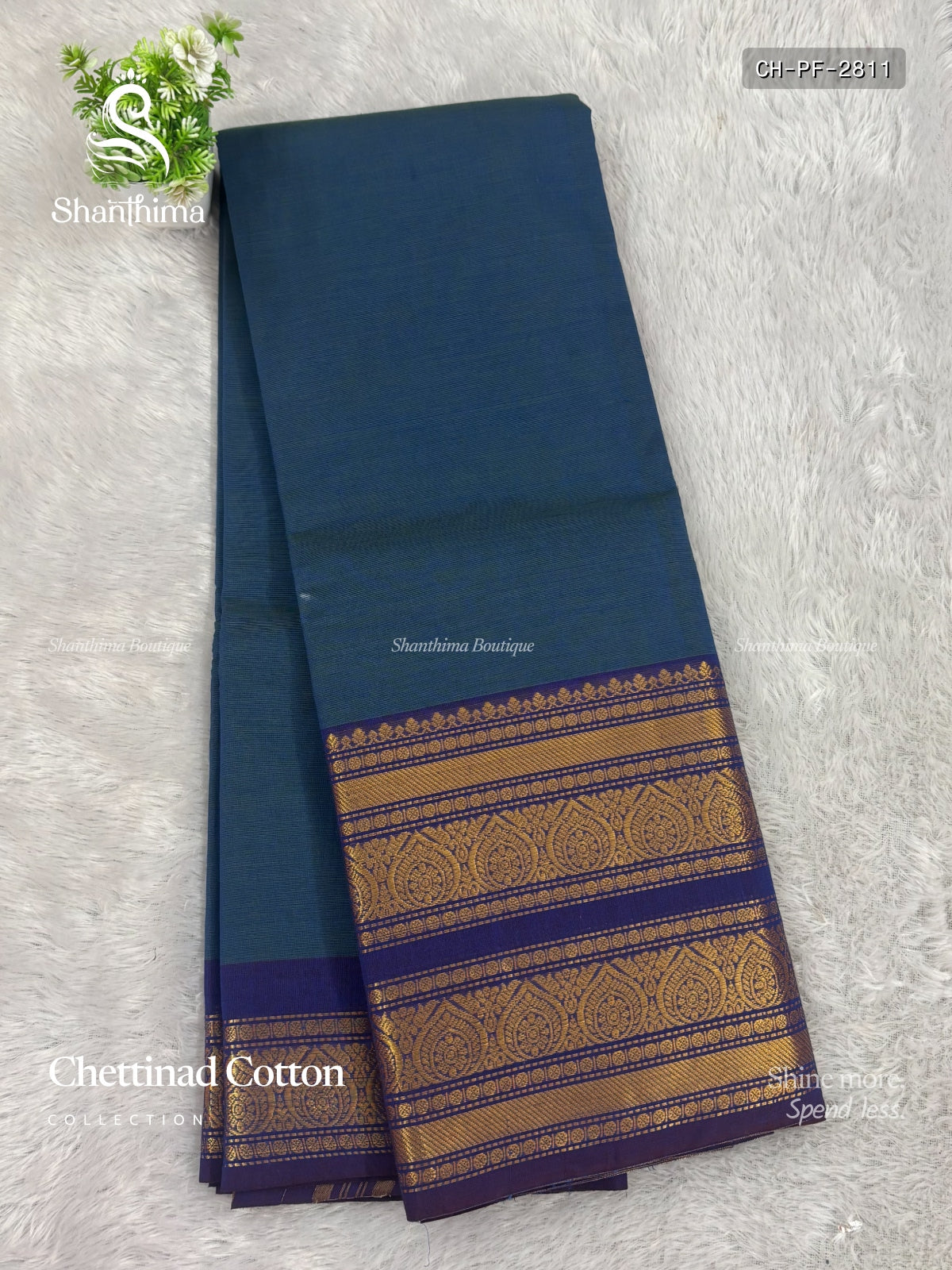 Chettinad Cotton Plain Flower  Dual Shade Blue Blue