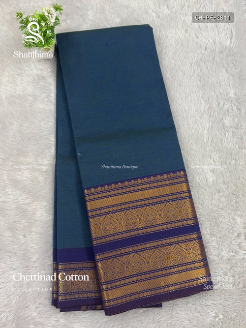 Chettinad Cotton Plain Flower  Dual Shade Blue Blue