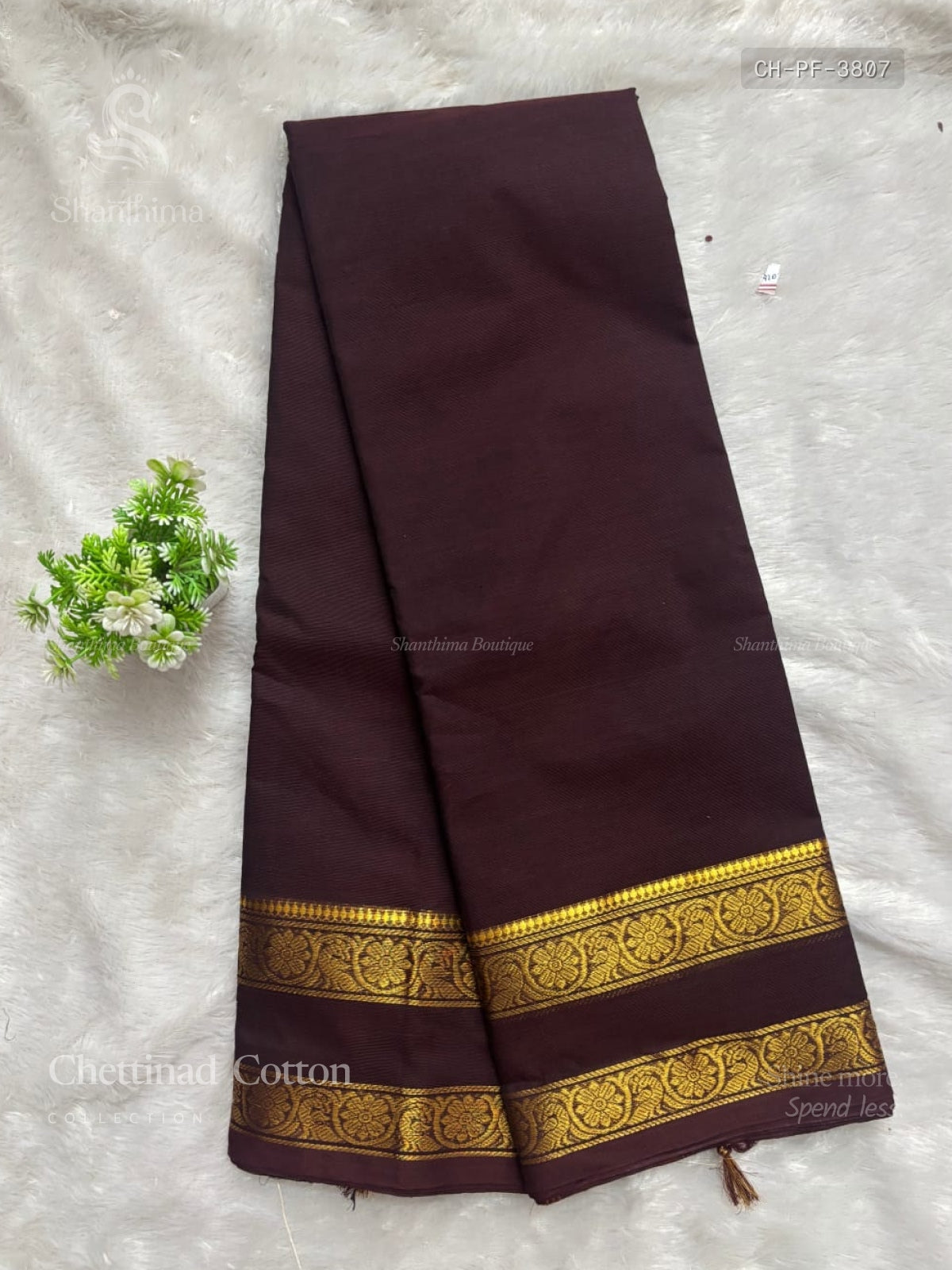Chettinad Cotton Plain Flower Coffee Brown Gold
