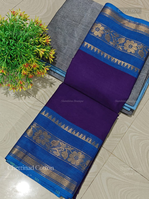 Chettinad Cotton Plain Flower Dark Violet Rama Blue