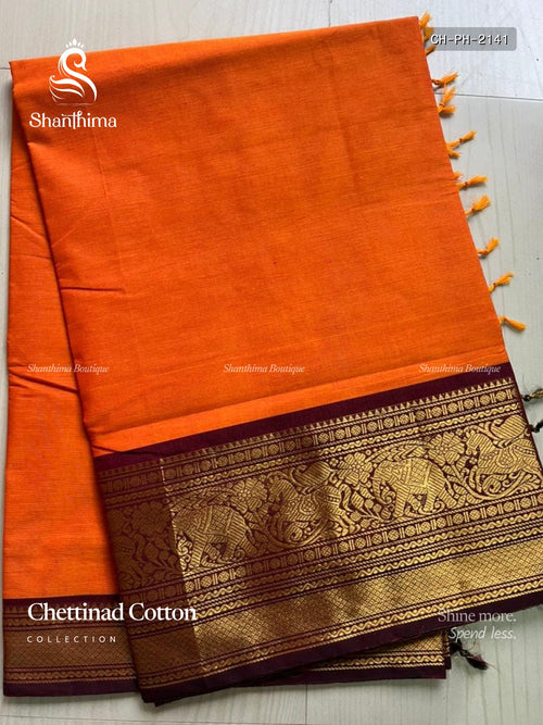 Chettinad Cotton Plain Elephant Horse Vibrant Orange Maroon