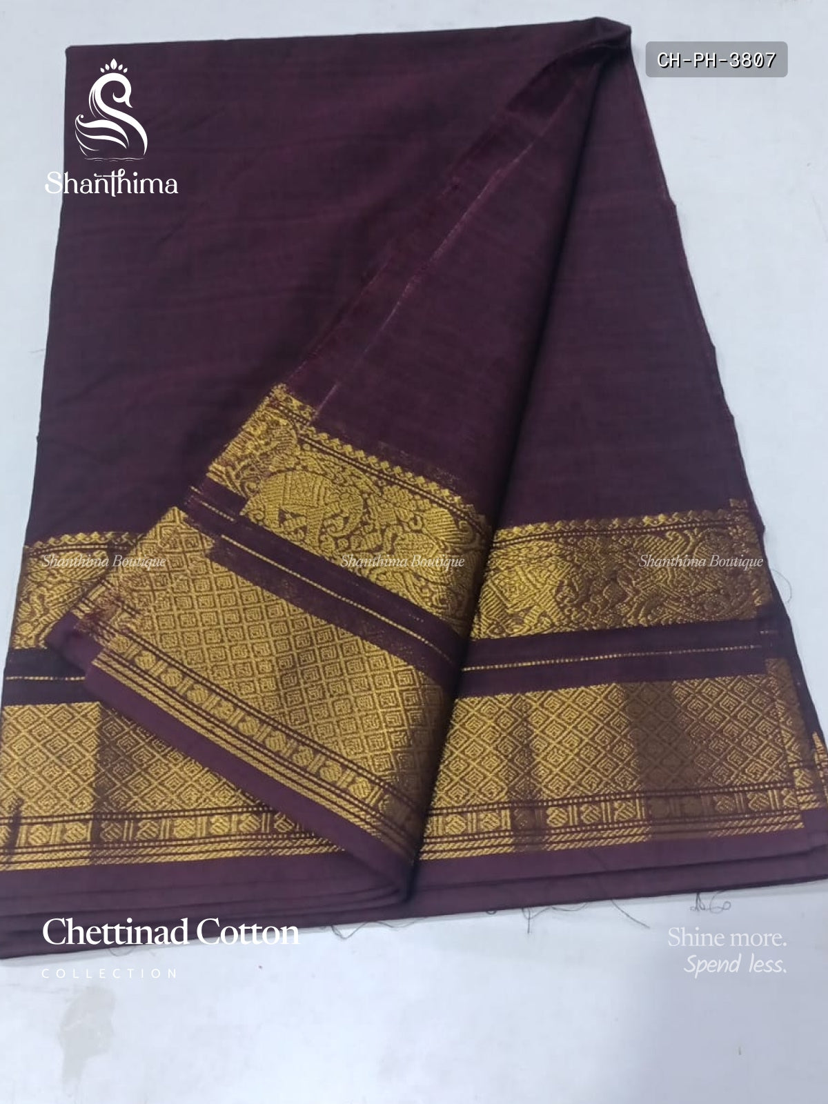 Chettinad Cotton Plain Elephant Horse Coffee Brown Gold