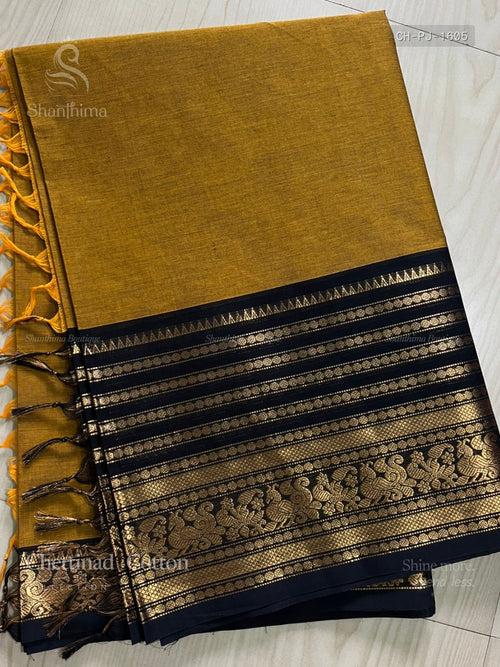 Chettinad Cotton Plain Chakra Chakra Temple Mustard Black