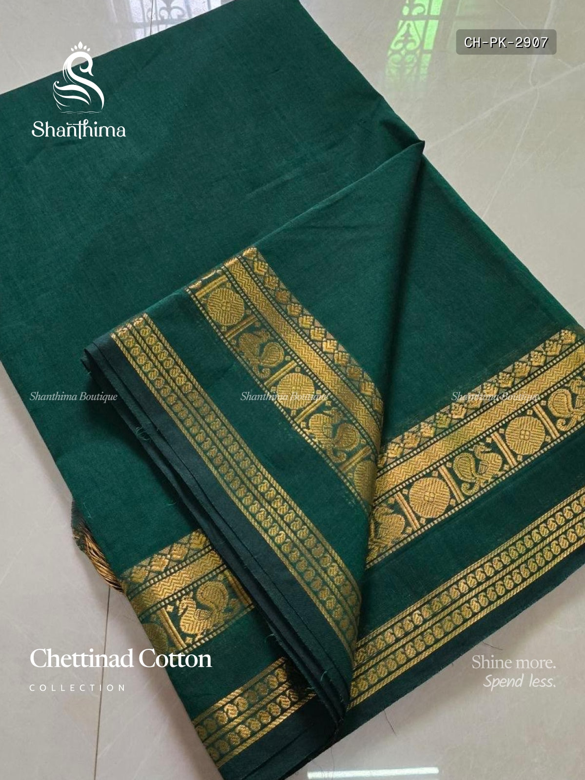 Chettinad Cotton Plain Peacock Chakra Dark Green Gold