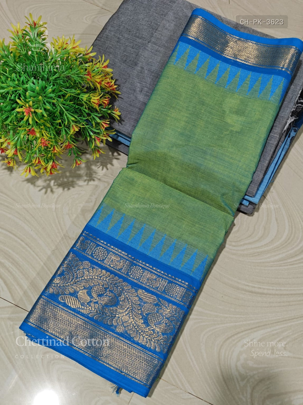 Chettinad Cotton Plain Peacock Chakra Dual Shade Green Sky Blue