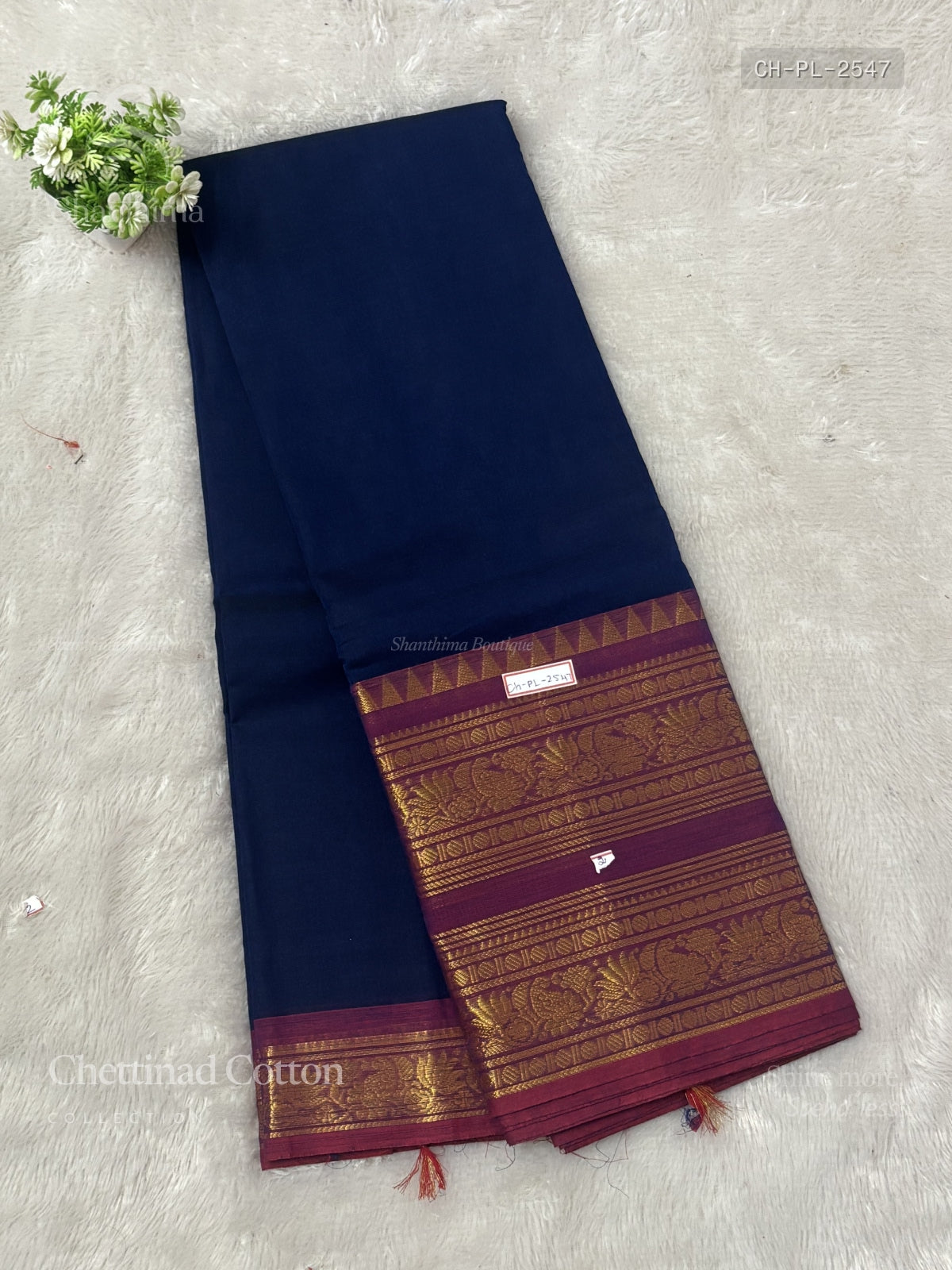 Chettinad Cotton Plain Mango Flower Navy Blue Magenta