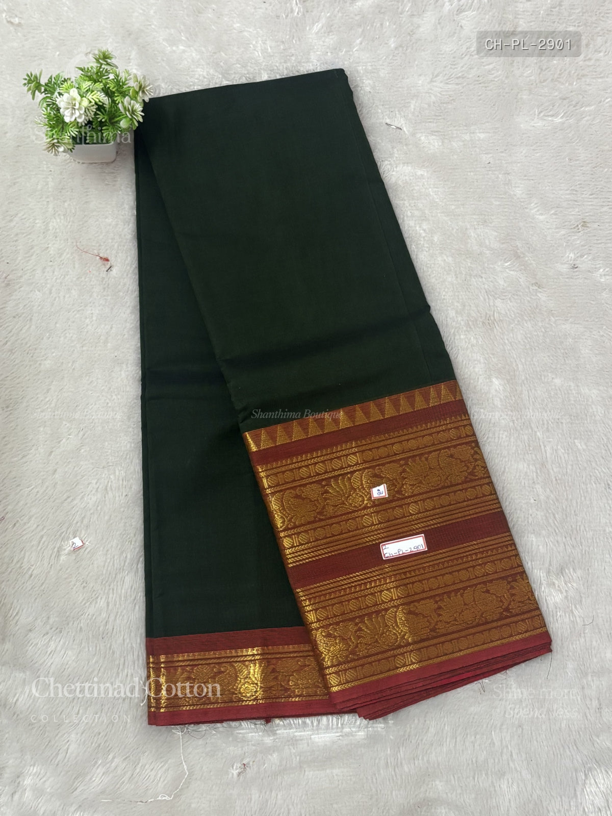 Chettinad Cotton Plain Mango Flower Dark Green Red