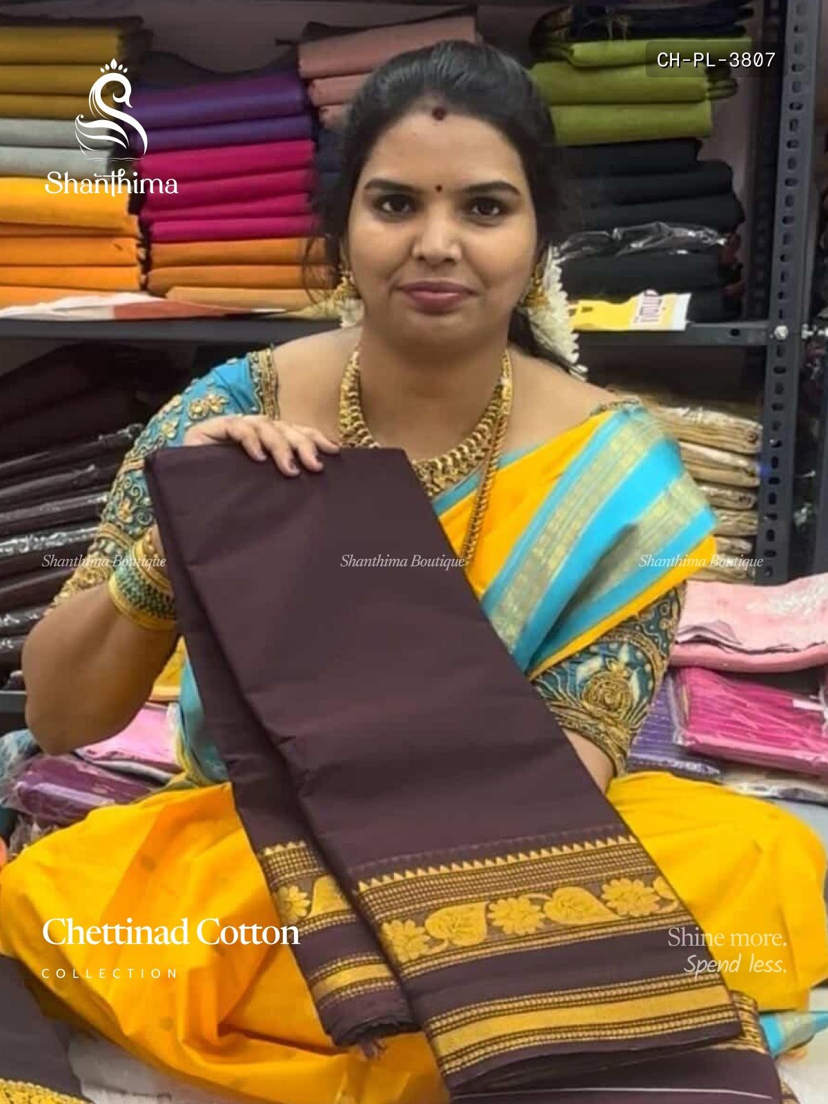 Chettinad Cotton Plain Mango Flower Leaf Coffee Brown Gold