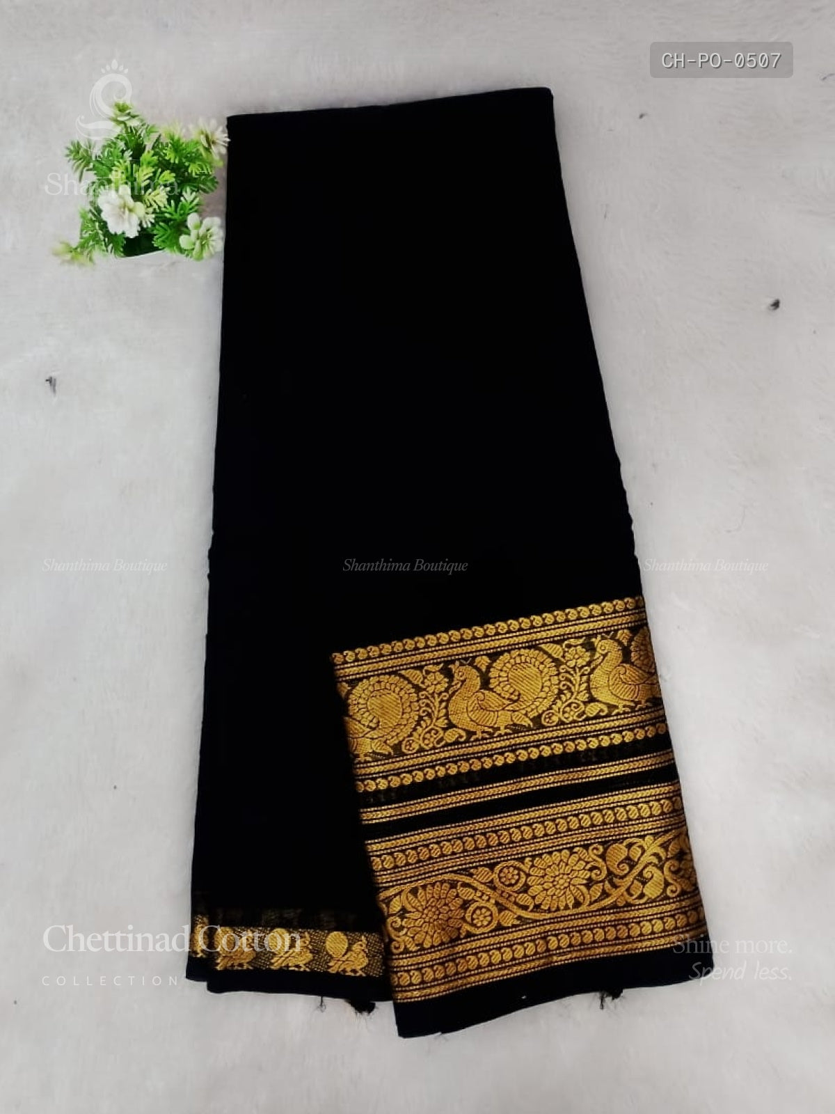 Chettinad Cotton Plain Peacock Flower Black Gold