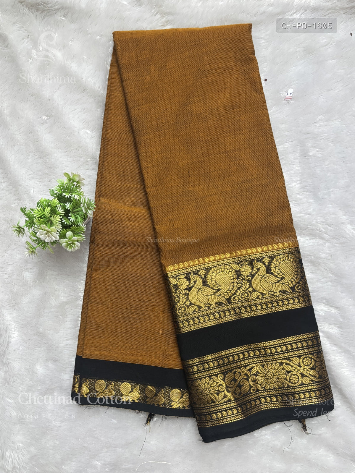 Chettinad Cotton Plain Peacock Flower Mustard Black