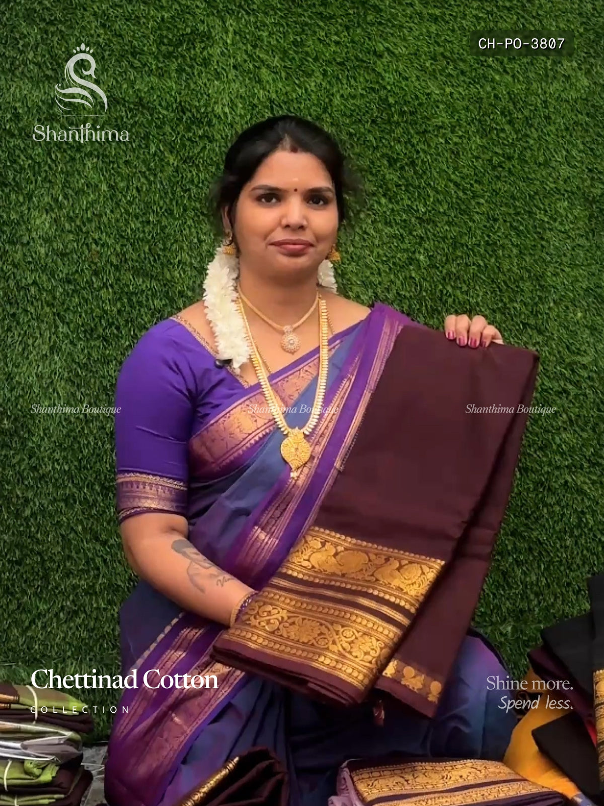 Chettinad Cotton Plain Peacock Flower Coffee Brown Gold