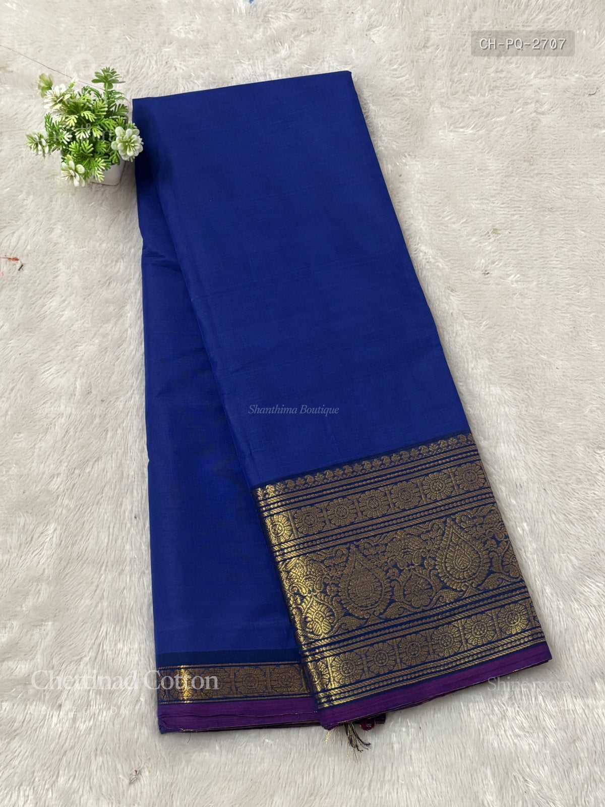Chettinad Cotton Plain Peacock Motif Chakra Peacock Motif Ink Blue Gold