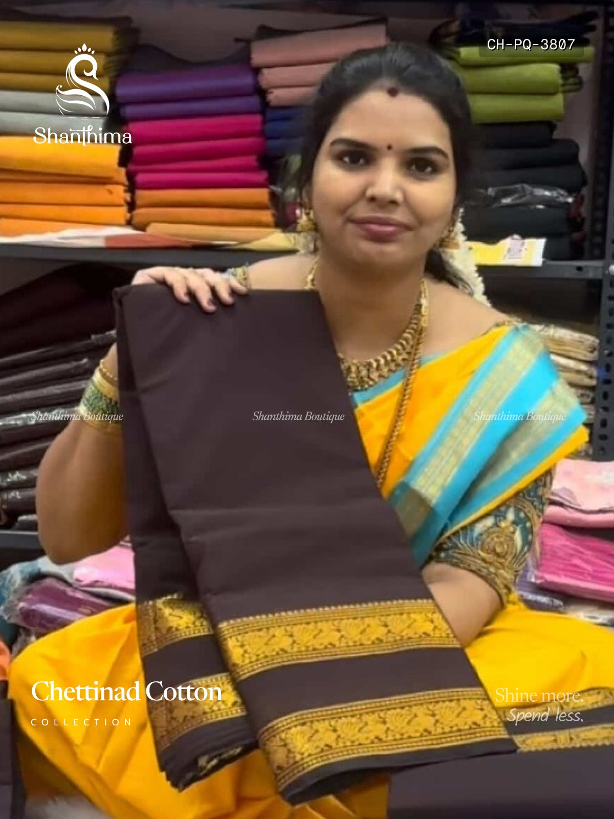 Chettinad Cotton Plain Peacock Motif Chakra Peacock Motif Coffee Brown Gold
