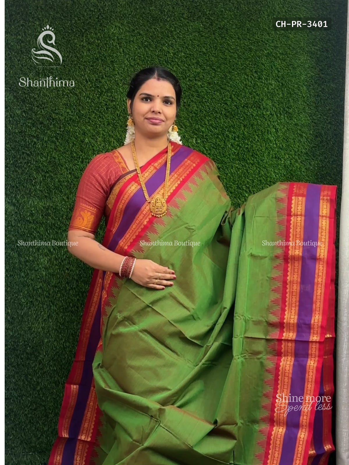 Chettinad Cotton Plain Chakra Star Leaf Green Red