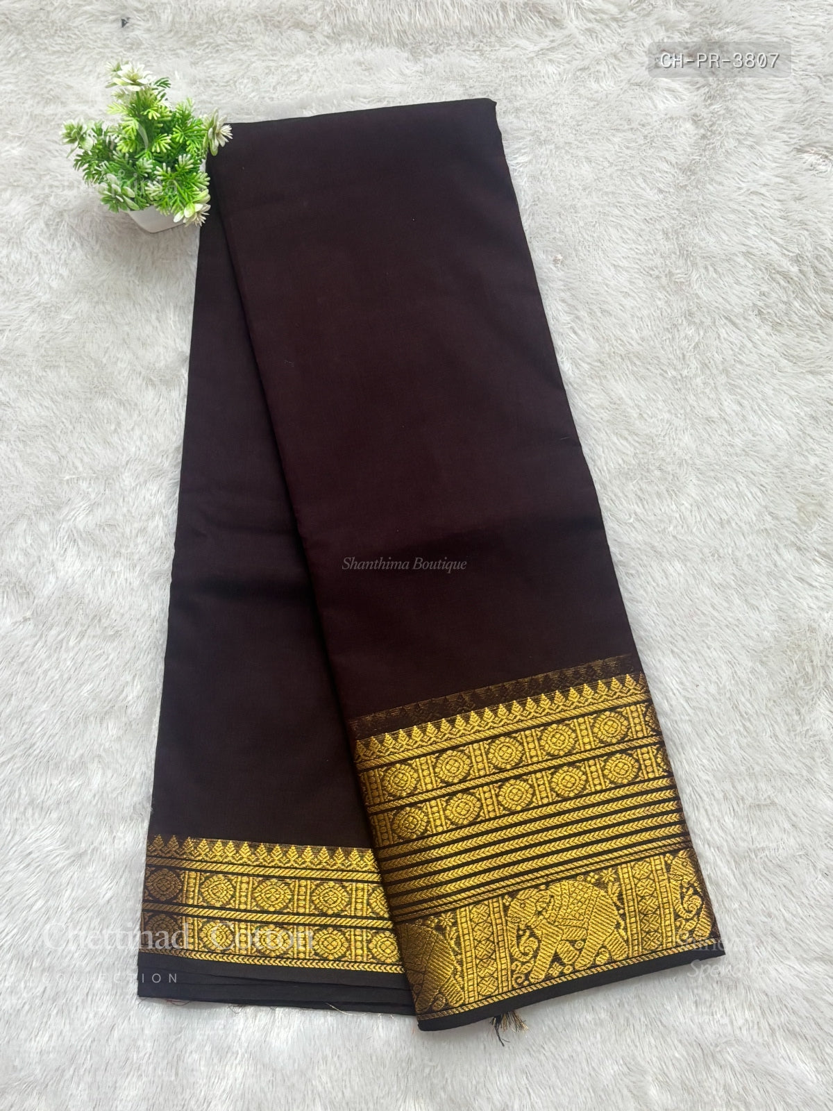 Chettinad Cotton Plain Chakra Star Coffee Brown Gold
